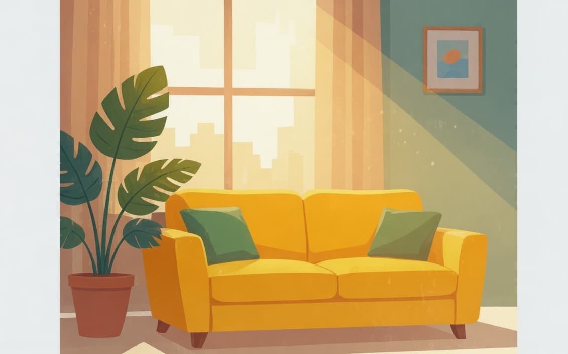 Sunny living room with a yellow sofa